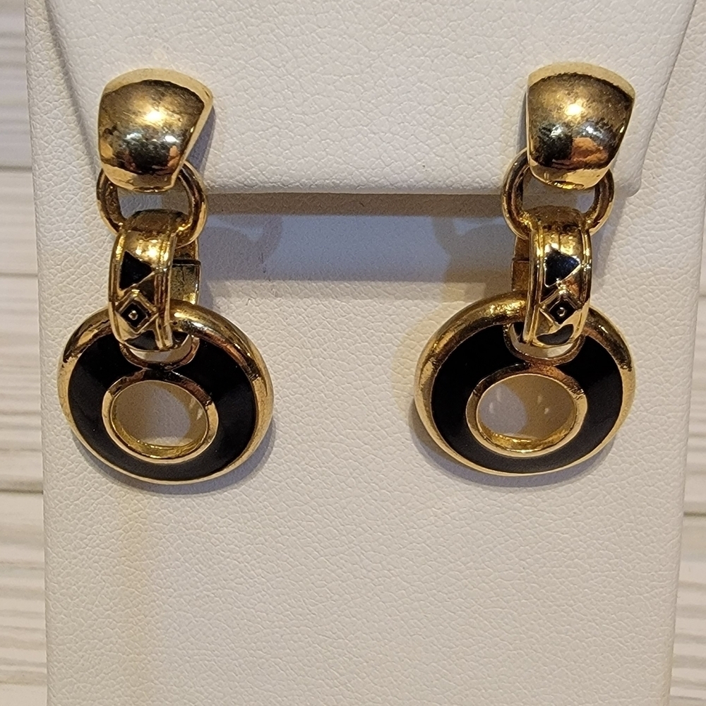 Vintage Edgar Berebi Gold-tone Black Enamel Drop Earrings Statement Chunky